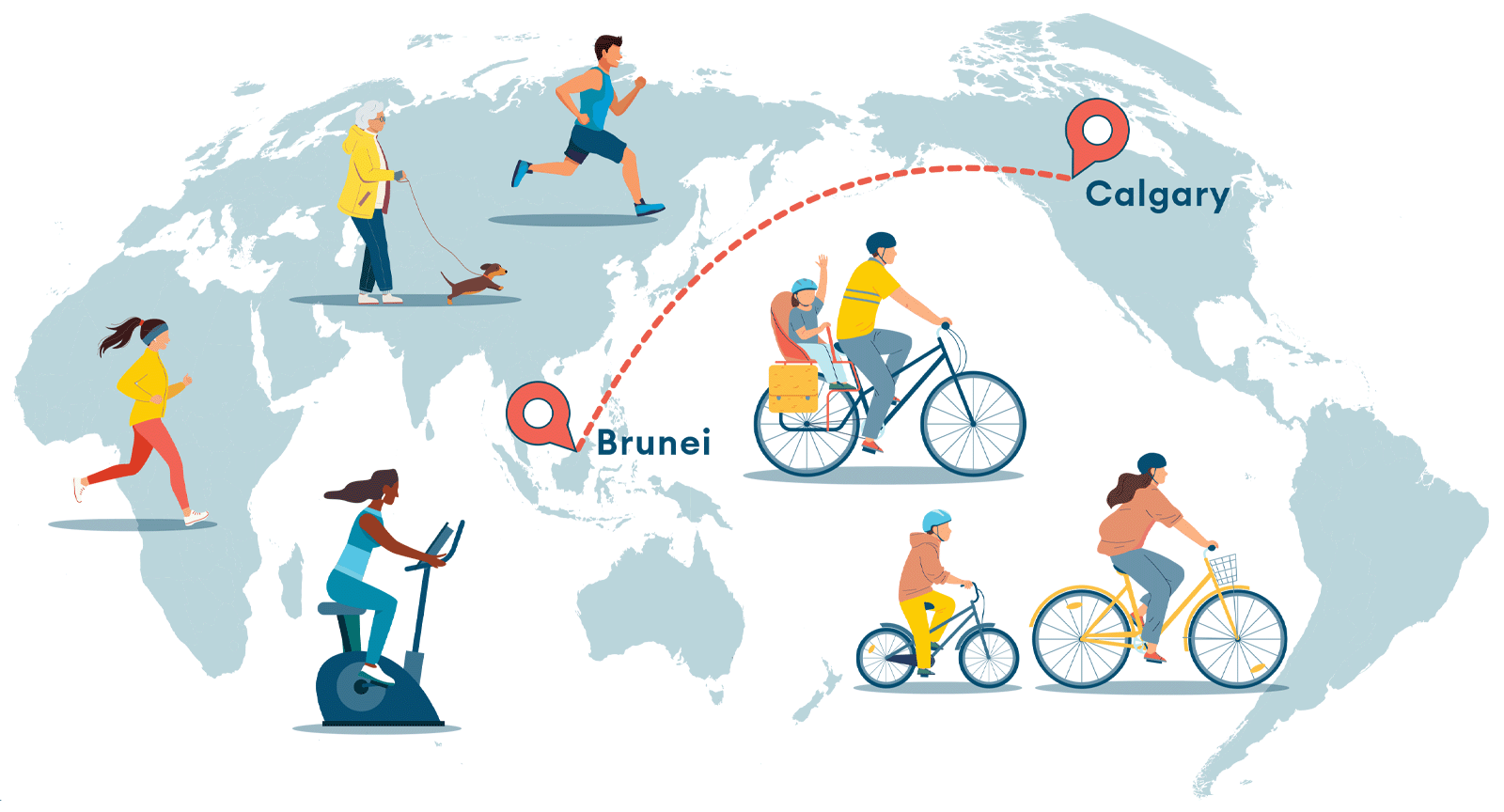 Map of the world with graphic of people cycling, running, walking.
