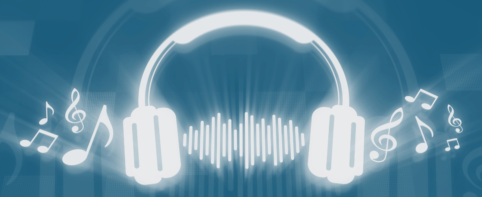 Digital musical icons on a navy blue background.