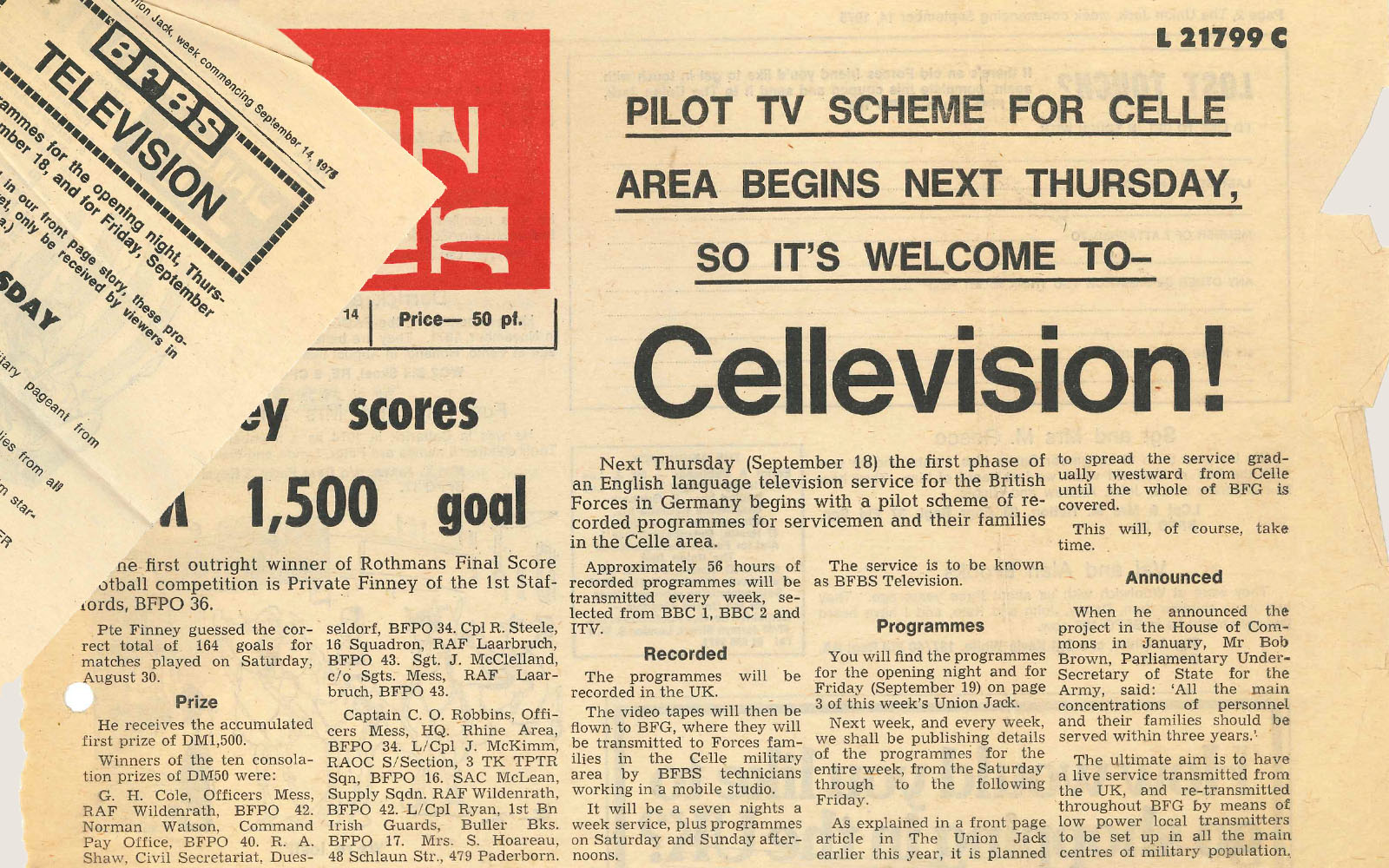 Archived newspaper cutouts about BFBS TV.