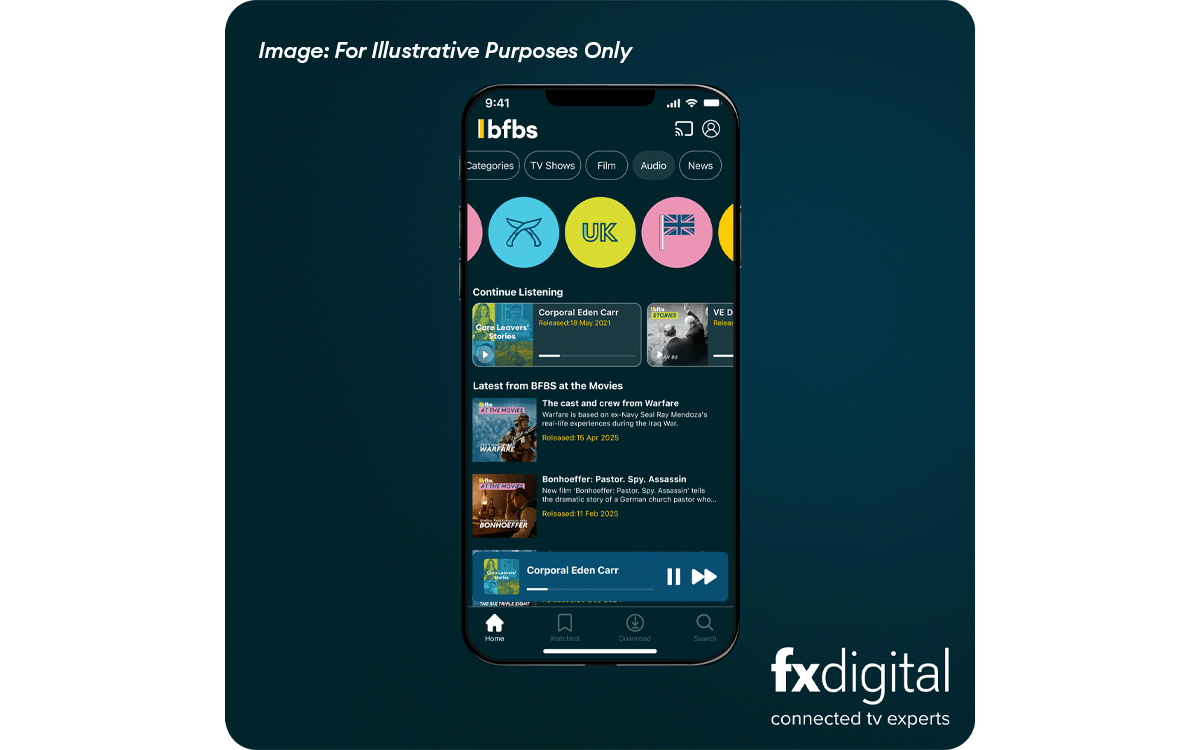 Image of a mobile device with various BFBS Content displayed.