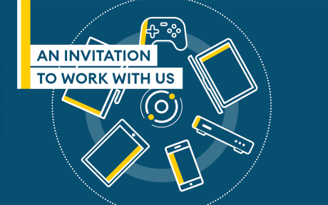 Blue background, graphical circles, graphical icons of mobile devices, text 'An invitation to work with us'.