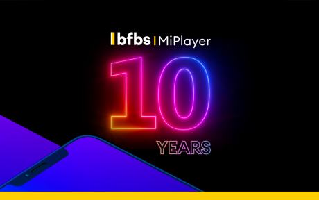 BFBS MiPlayer logo, neon text '10 Years' on a black background.